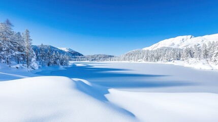 Serene Winter Landscape with Frozen Lake and Snowy Mountains Under Clear Blue Sky