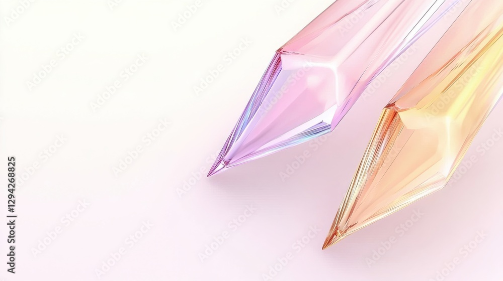 Poster abstract crystal shapes in pastel colors on light background with soft gradient