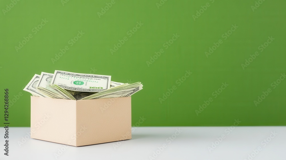 Poster money box filled with bills on a green background displaying wealth and savings concepts for financi