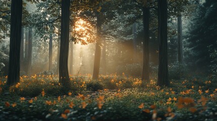 Obraz premium Sunbeams illuminating misty forest with orange flowers.