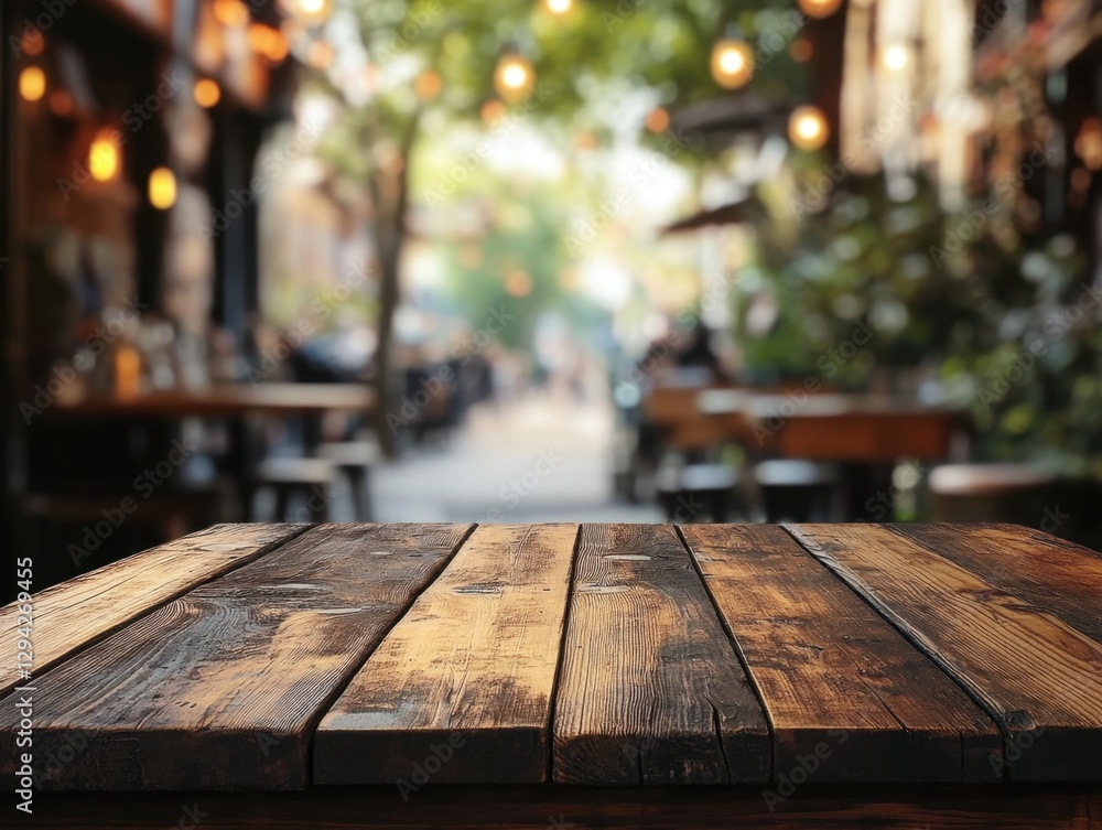 Poster rustic wooden table surface with blurred outdoor cafe background creating inviting atmosphere and wa