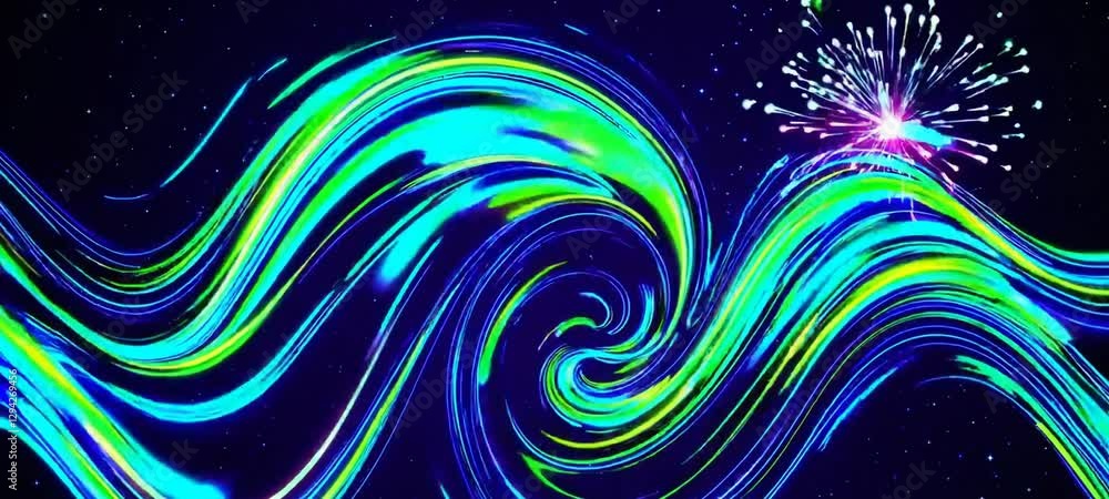 Poster dynamic neon wave patterns with vibrant firework bursts against starry backdrop
