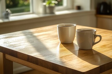 Two elegant coffee cups on a wooden table bathed in sunlight creating a warm and inviting atmosphere perfect for a relaxing morning or afternoon break