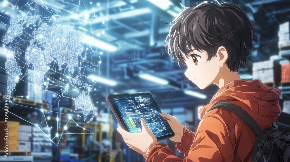 Poster teenager analyzing global business and market trends using digital dashboard with interactive charts