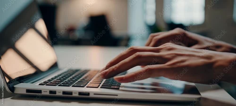 Poster fastpaced typing on a laptop in modern office setting with blurred background