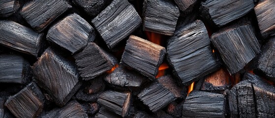 Close up of glowing charcoal embers ready for grilling in a barbecue pit with intense heat and texture for summer cookouts