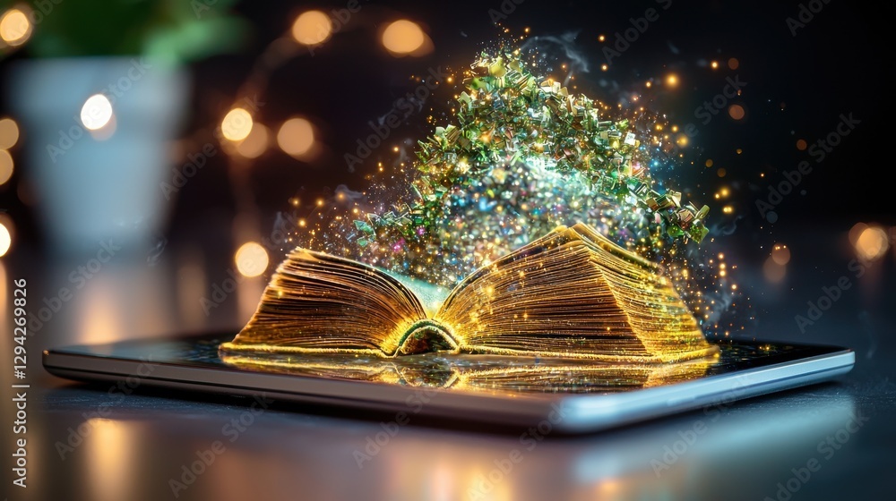 Poster glowing digital book with magical sparks and lights on a tablet device representing the power of kno