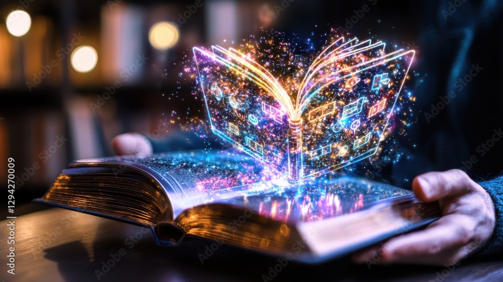 Poster an open book radiating with glowing iridescent light and sparkling celestial effects symbolizing the