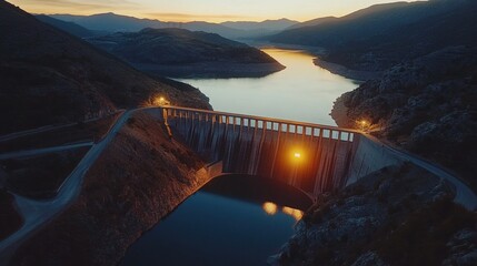 Obraz premium Aerial view of massive hydroelectric dam at sunset, concrete structure spanning canyon, golden light reflecting on reservoir,Renewable resources, sustainable development, and environmental protection