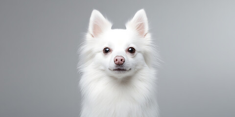 Fototapeta premium A pristine white dog, with pointed ears and a fluffy coat, stares directly at the camera, radiating serenity and gentle charm on the gray background.