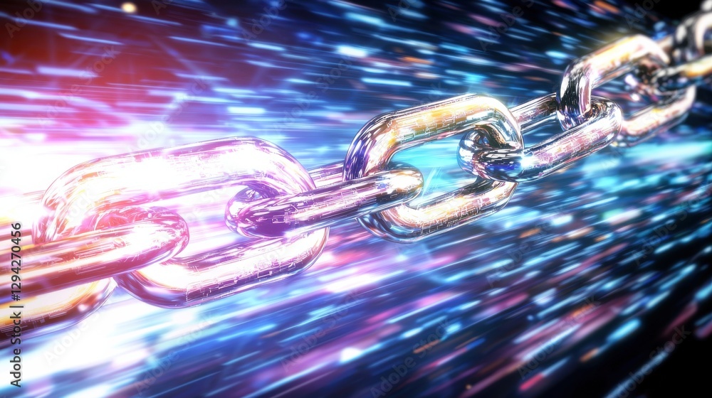 Poster fluid metallic chain surging through a digital realm representing the rapid flow of information inno