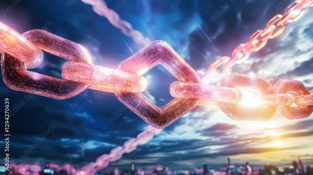Poster glowing cosmic chain reaction of connectivity and technology digital symbolic abstract of powerful l