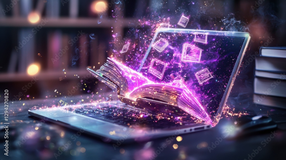Aufkleber glowing and sparkling laptop computer explosion with vibrant digital energy burst on dark moody back