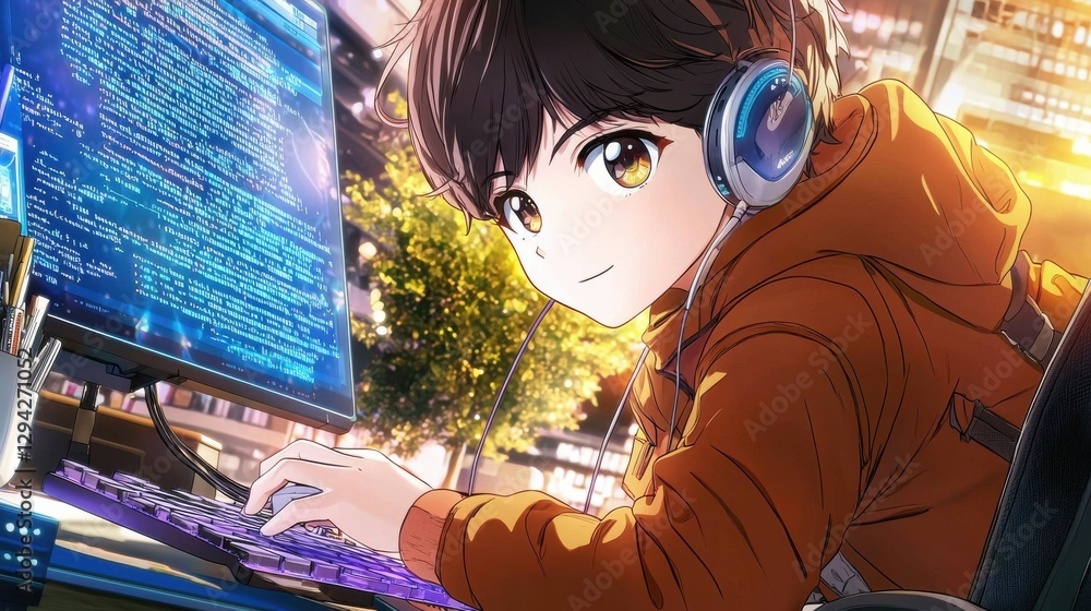 Poster focused young developer working on computer with digital technology and coding software workspace wi