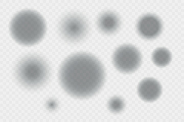 Different realistic round shadow, soft shapes on transparent background. Gray circular and ellipse shadows set. Vector illustration.