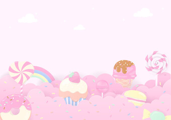 Sweet candy and dessert with cloud background