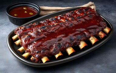 Delicious BBQ Ribs Rack with Sauce on Dark Plate