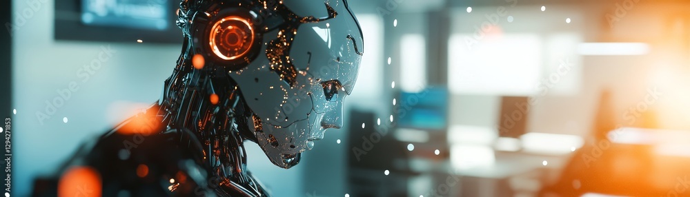 Poster humanoid robot performing tasks in office environment close-up view gigapixel technology showcase