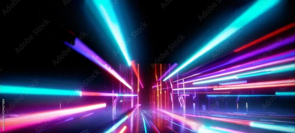 Poster dynamic neon light beams creating futuristic tunnel with pulsating energy
