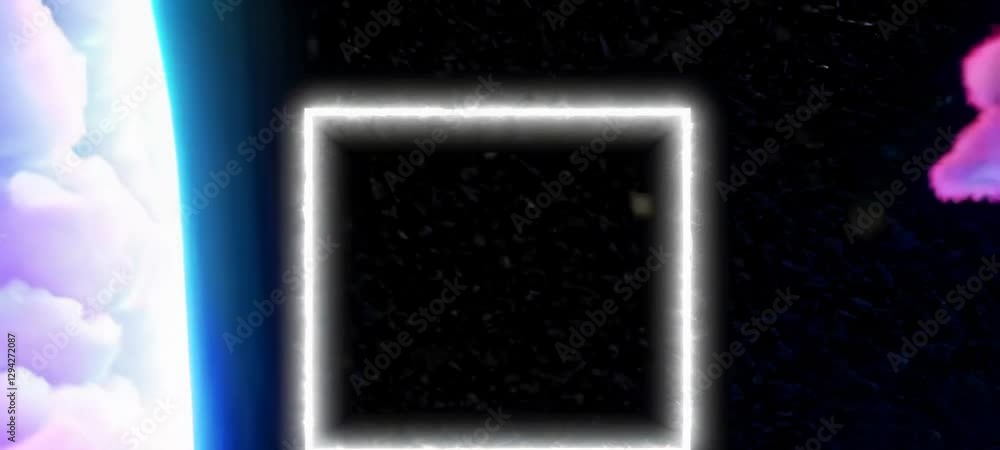 Poster glowing frame transitions over vibrant clouds and planetary space background