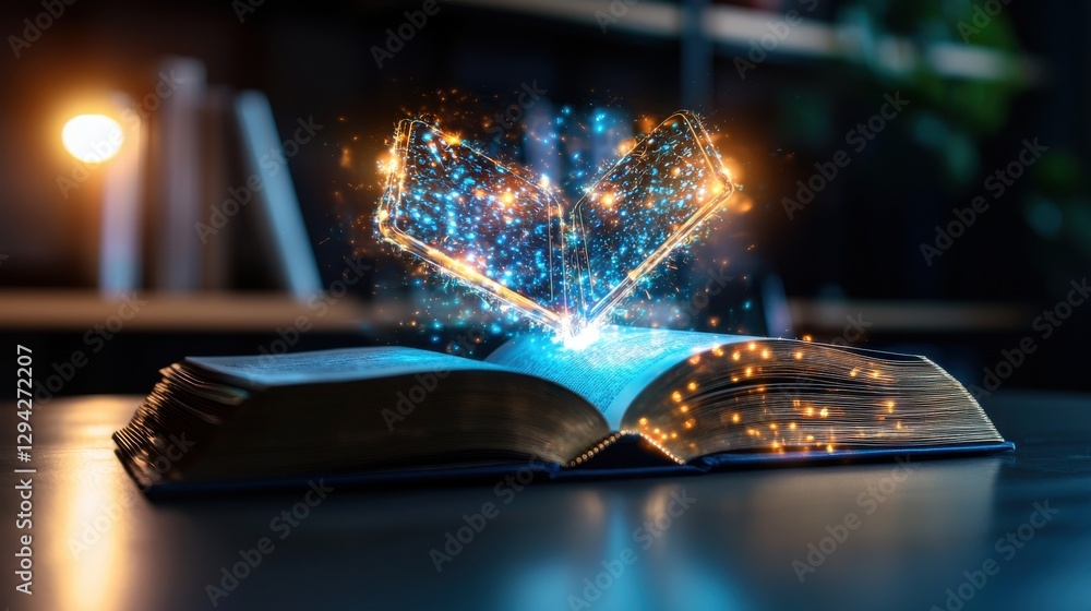 Poster enchanting open book radiating with captivating glowing energy seemingly unlocking the boundless pot