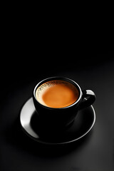 Naklejka premium Espresso Elegance: A single cup of espresso, rich and dark, sits on a saucer against a dramatic black background. The image exudes sophistication and a quiet moment of indulgence
