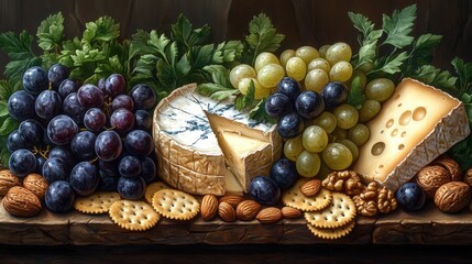 A traditional cheese platter with grapes, nuts, and crackers, hyper-realistic details