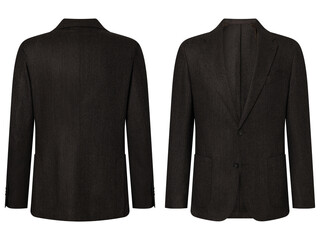 Portrait of men's suit jacket ( blazer ) isolated in white background, invisible ghost mannequin. Fashion industry high-quality studio shot photography. Front and back view.