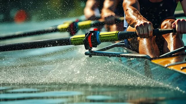 rower's hands rowing oar, rowing, boat, kayak, sport, athlete, river, water, splashes, competition, training