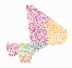 Mali, shape of the country built of colored cells. Digital style map of Mali on white background. Small size circle blocks. Modern vector illustration.