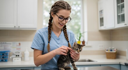 Woman veterinarian examining kitten in kitchen. Female vet with braids and glasses holding cat. Pet care, animal health check, home visit concept. Domestic veterinary service.
