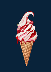 Ice cream with cherry, Italian ice cream, yogurt with cherries on blue background. Vector illustration. Ideal for poster, packaging.
