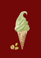 Ice cream with pistachio, Italian ice cream on red background. Vector illustration. Ideal for poster, packaging.