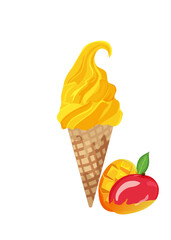 Ice cream with mango, Italian ice cream, and fresh mango. Vector illustration. Ideal for poster, packaging.