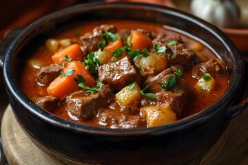 Close-up of a traditional goulash served in a cast iron pot
