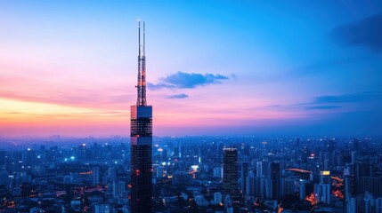 Obraz premium Stunning Cityscape at Twilight Featuring Majestic Skyscraper Under Vibrant Sunset Sky and City Lights