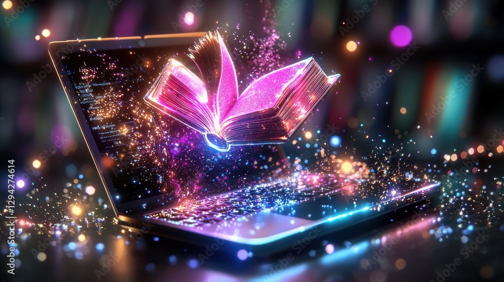 Aufkleber magical digital book emitting a dazzling display of glowing energy light and animation symbolizing t