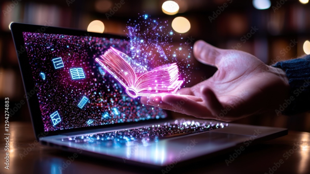 Poster glowing laptop or notebook computer screen displaying sparkling flowing data and digital energy conc