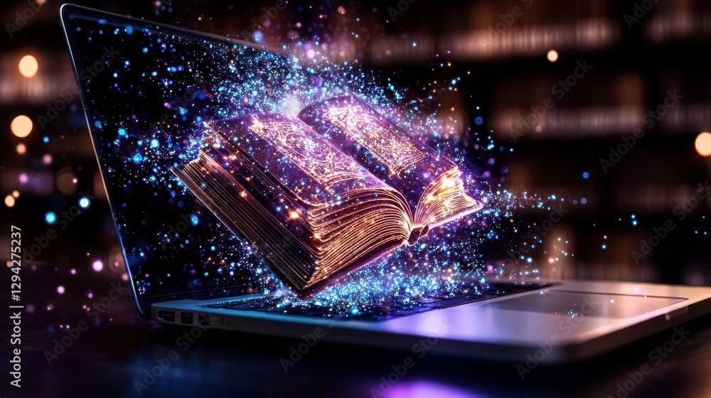 Poster mystical and enchanting image depicting an open book emanating a cosmic galactic glow from a laptop 