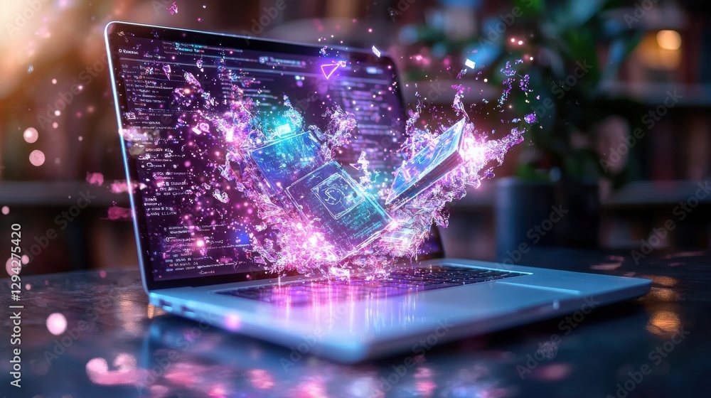 Poster futuristic laptop screen exploding with dynamic digital energy showcasing the power of technology co