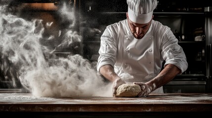 Chef Preparing Dough in a Floury Kitchen
