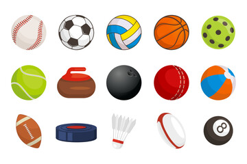 Fototapeta premium Set of collection round and oval balls for different sports and recreational activities vector flat illustration