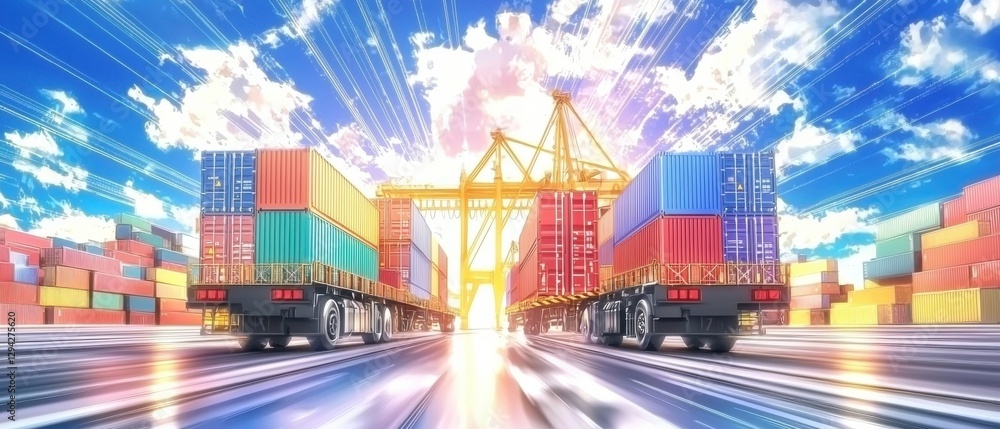 Poster aerial view of a busy global shipping and transportation hub with cargo containers moving swiftly on