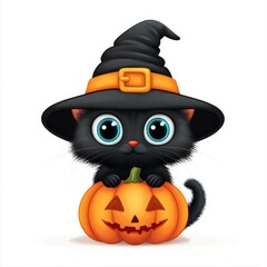 Cute Cartoon Black Cat Wearing Witch Hat with Pumpkin for Halloween Celebration and Seasonal Fun