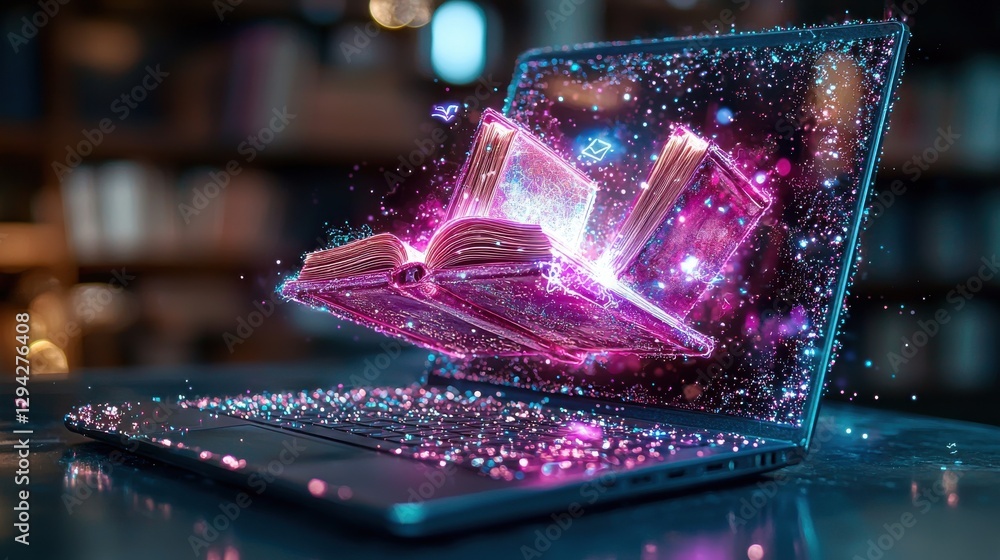 Aufkleber enchanting digital book or tome glowing and sparkling with mystical light emerging from the screen o