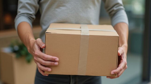 Um caixa de encomenda, de papel&atilde;o, nas m&atilde;os do receptor