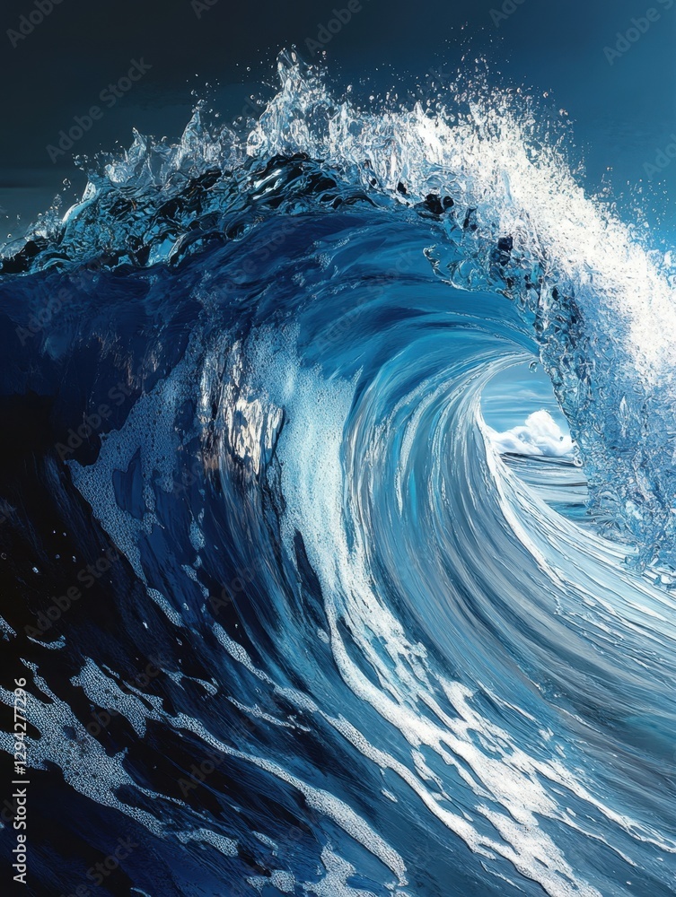 Poster captivating ocean wave cresting with dynamic energy and translucent blue hues creating a powerful vi