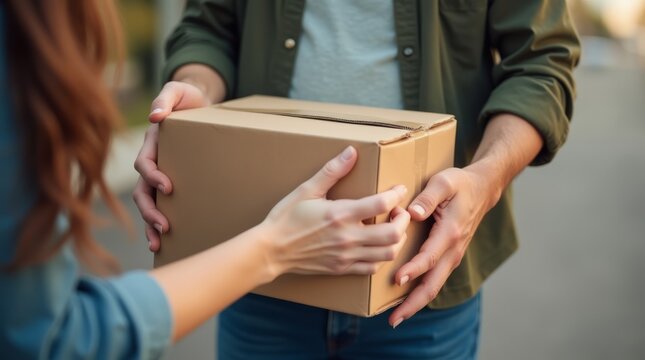 Um trabalhador do servi&ccedil;o de entregas  passando uma caixa de papel&atilde;o para as m&atilde;os da cliente.