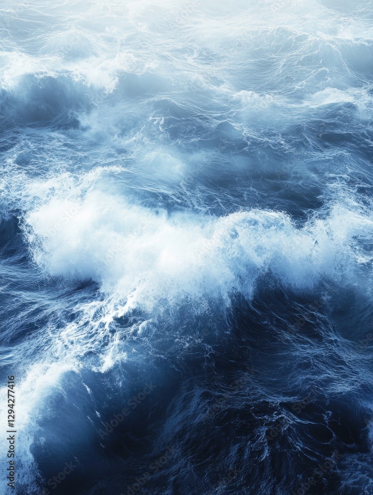 Poster aerial view of the ocean with turbulent waves and white foam creating a dynamic seascape in blue ton