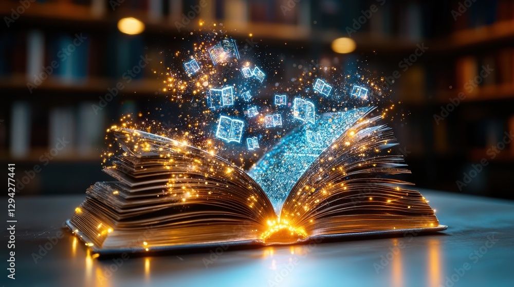 Poster glowing open book radiating energy light and in a digital library or academic setting symbolizing th